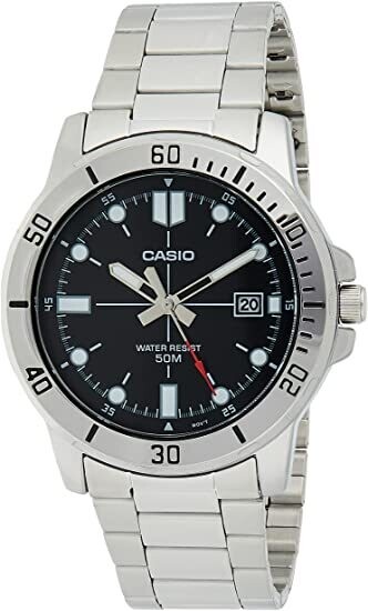 reloj deportivo hombre Casio MTP-VD01D-1E dial negro 45mm correa de acero hebilla triple pliegue resistencia al agua 50m