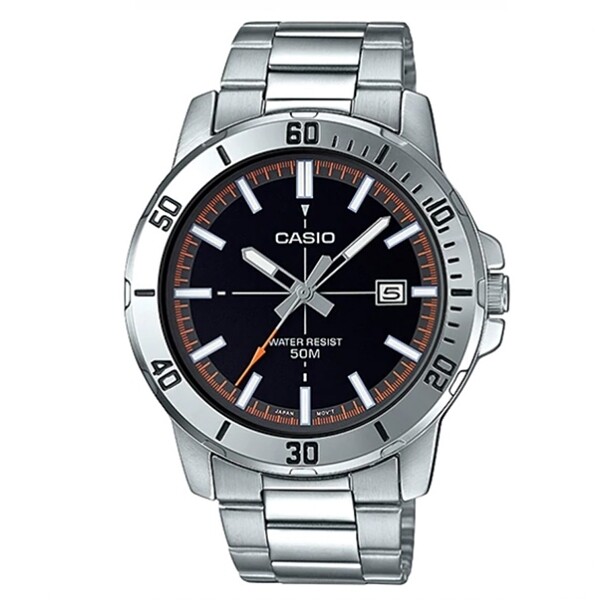 reloj deportivo hombre Casio MTP-VD01D-1E2 dial negro 45mm correa de acero hebilla triple pliegue resistencia al agua 50m