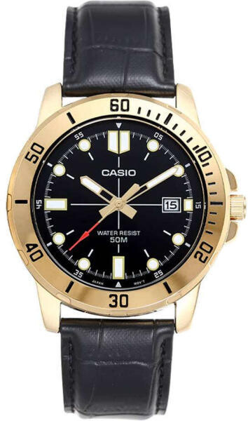 ​reloj deportivo hombre Casio MTP-VD300GL-1E dial negro 45mm correa de cuero resistente al agua 50m  bisel dorado baño de iones