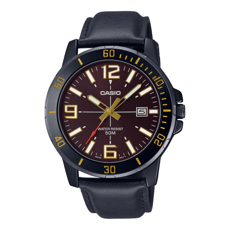 reloj deportivo hombre Casio Enticer MTP-VD01BL-5B dial negro 45mm correa de cuero 50m resistente al agua