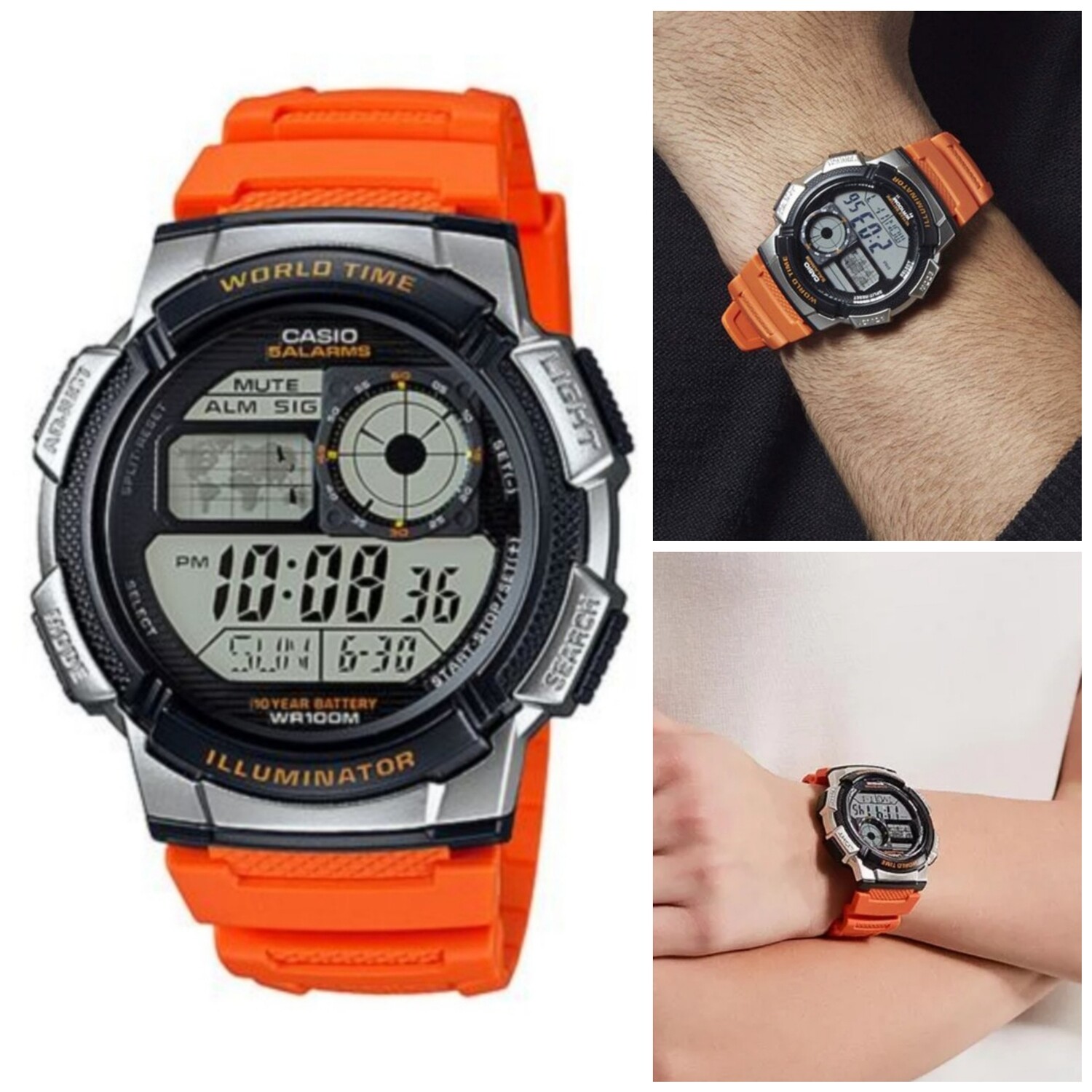 Reloj Casio digital AE-1000W-4B hombre naranja luz led water resist 100m