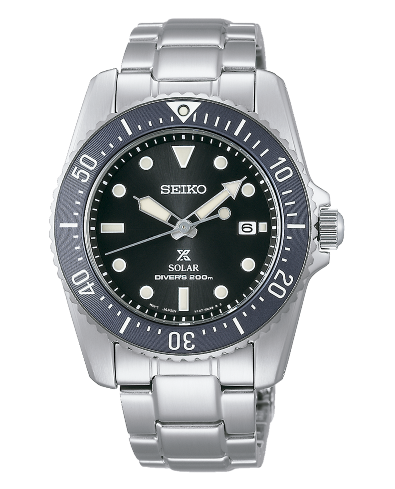 Seiko Solar Prospex SNE569P1Scuba divers men's watch black dial 38.5mm blue bezel 200m water resist stainless steel bracelet