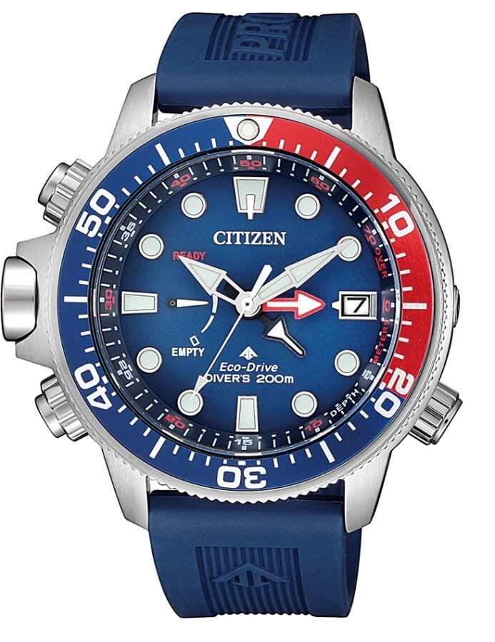 Citizen Eco-Drive Promaster Aqualand Marine BN2038-01l Solar Powered DIVERS men's watch blue dial 46.1mm ALARM silicone band 200m water resist