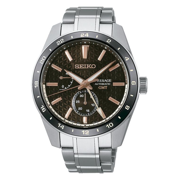 Seiko Presage KESHIZUMI GMT SPB275J1 Sharp Edged automatic men's watch brown dial 42.2mm Sapphire glass anti-reflective stainless steel bracelet Lumibrite 100m