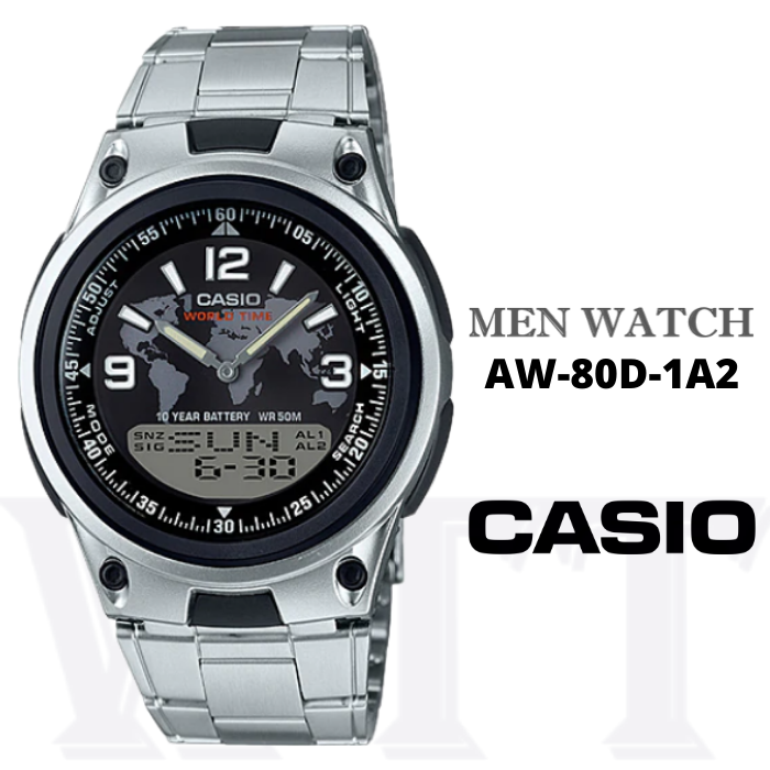 CASIO men's watch aw-80d-1a2 World Time - 30 telememo - 10 years battery