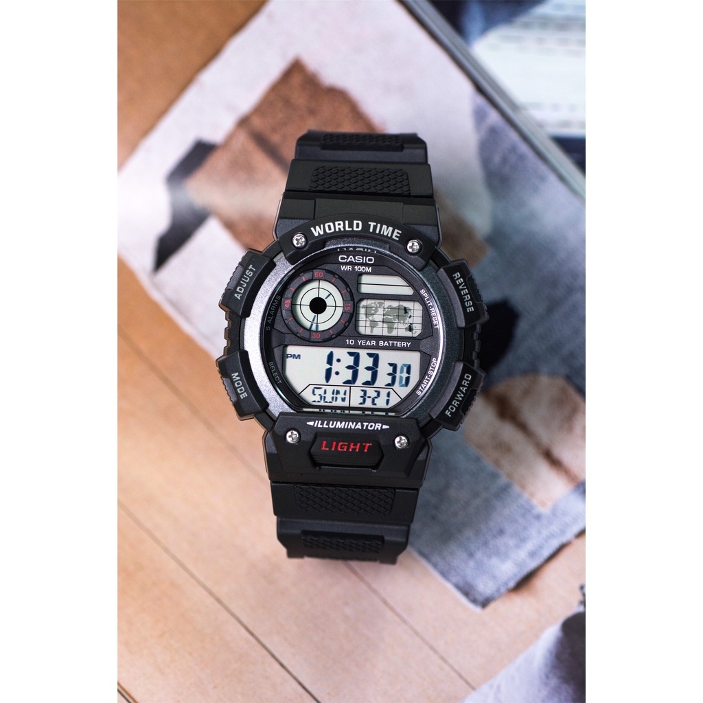 Reloj hombre Casio AE-1400WH-1AV Quartz 5 Alarms Hora Mundial Multi Time  cronómetro