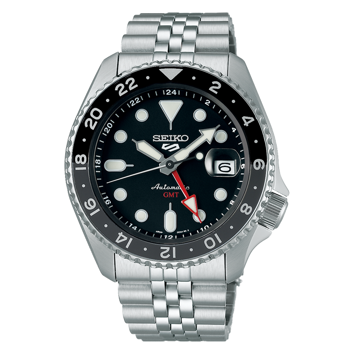 Reloj automático buceo hombre Seiko 5 Sports GMT SSK001K1 Night Wolf dial negro gris 42.5mm Hardlex con lupa 200m resistente al agua correa de acero Lumibrite SKX Style