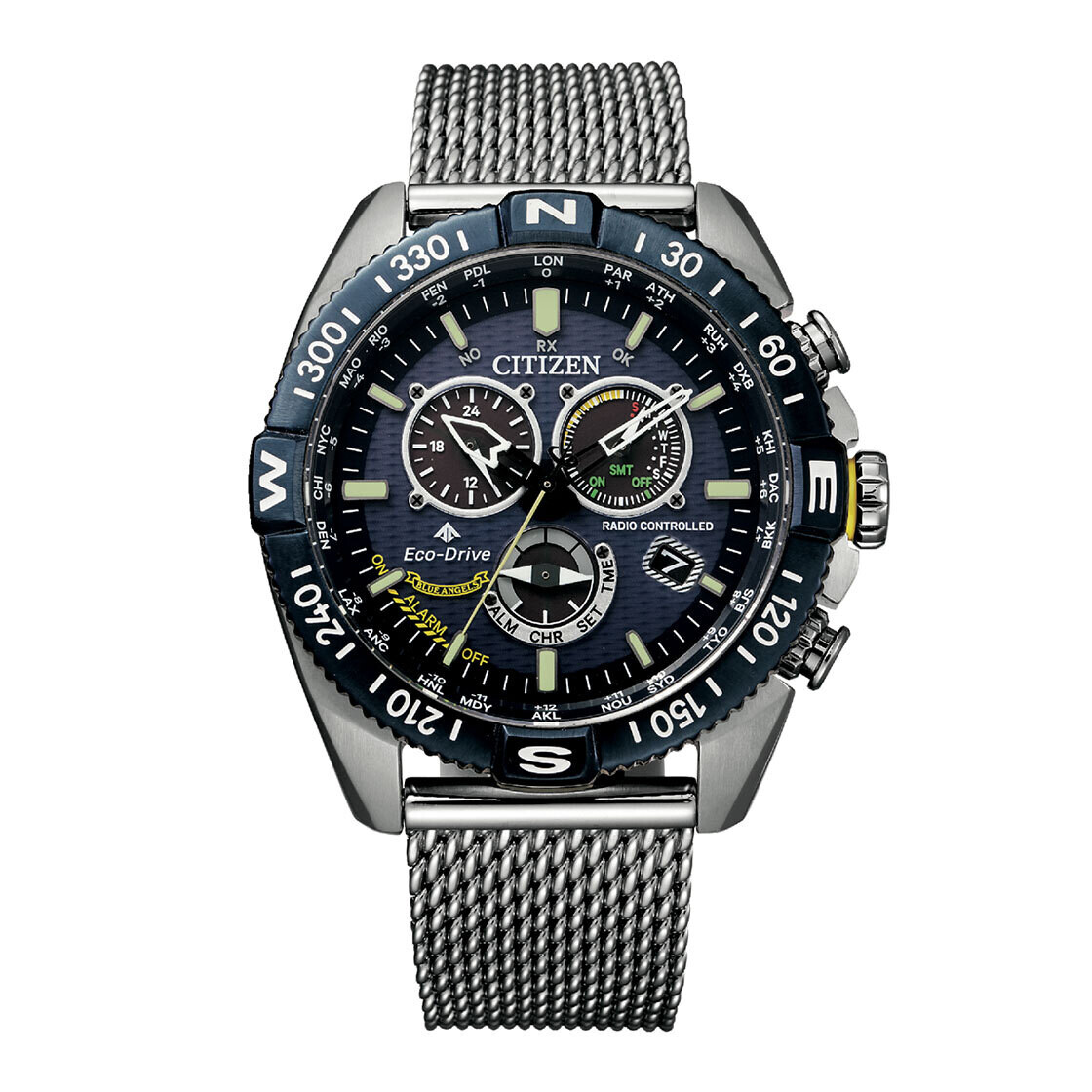 Reloj Aviador hombre Citizen Navihawk Promaster Blue Angels CB5848-57L Radiocontrol 44.6m 200m WR Alarma Hora Mundial