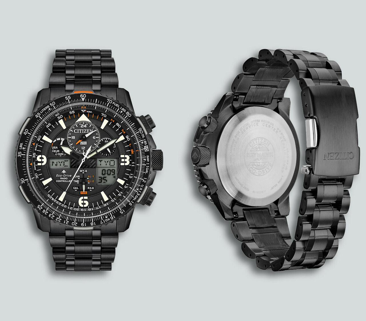 Reloj hombre Aviador Radiocontrol Citizen Promaster SkyHawk JY8075 51E 45mm Alarma Bano de Iones cristal de