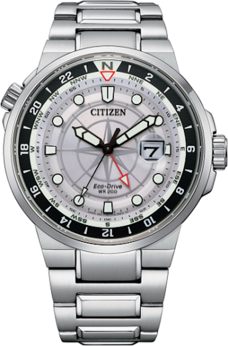 Reloj aviador hombre Citizen Endeavor BJ7140-53A dial plata 44mm Cristal de Zafiro 200m WR correa de acero Ecodrive (funciona con energía solar)