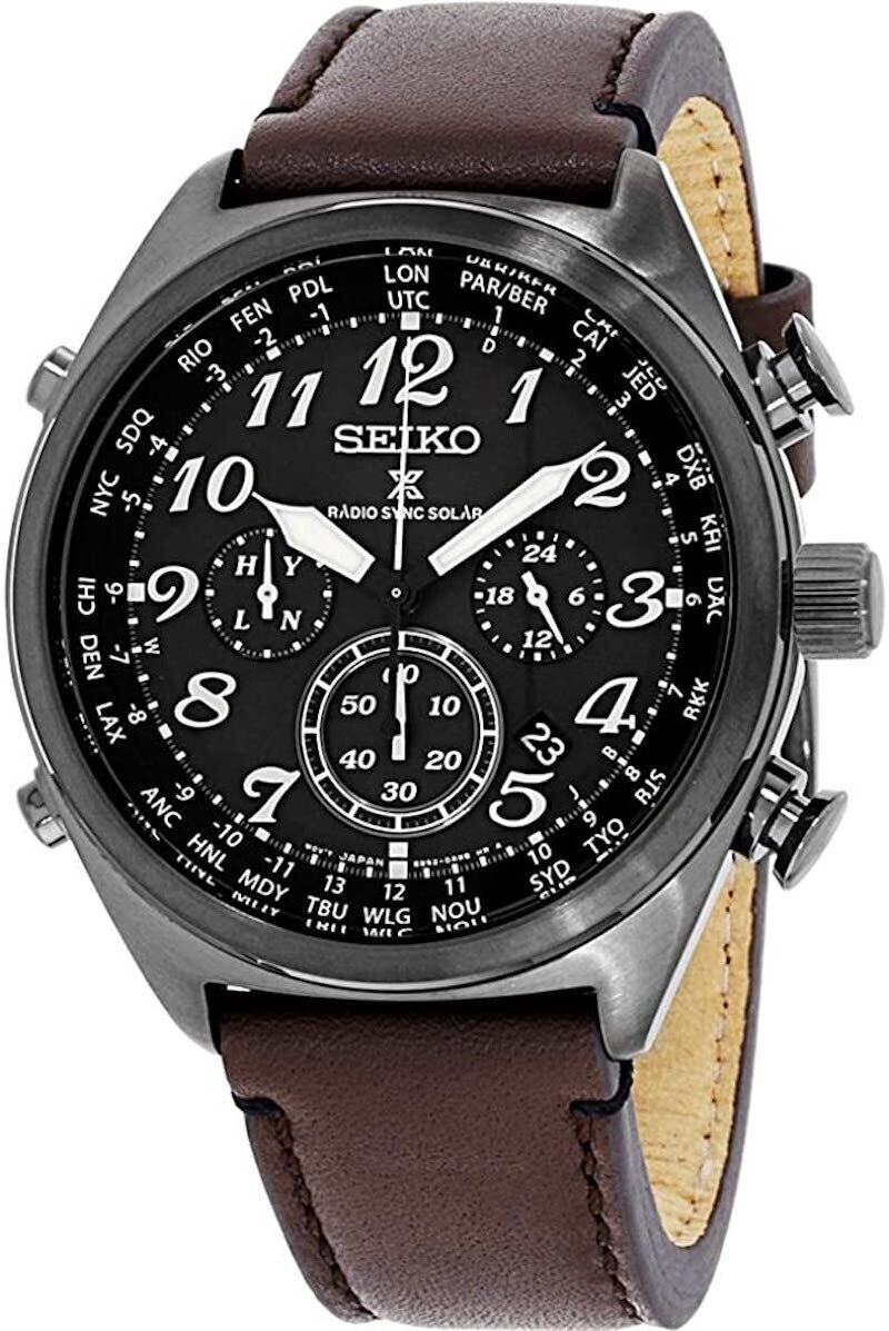 Seiko Prospex SOLAR SSG015 World Time Radio-Sync Solar Chronograph Black Dial 45mm Men's Watch leather band 100m