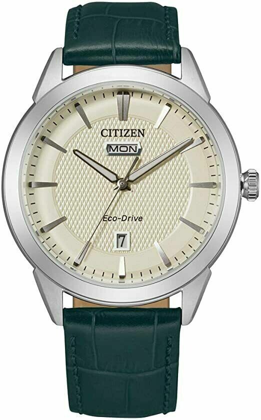 ​Citizen Ecodrive Corso AW0090-11Z beige dial 40mm Sapphire glass green leather band 30m WR Ecodrive movement (solar / light powered)