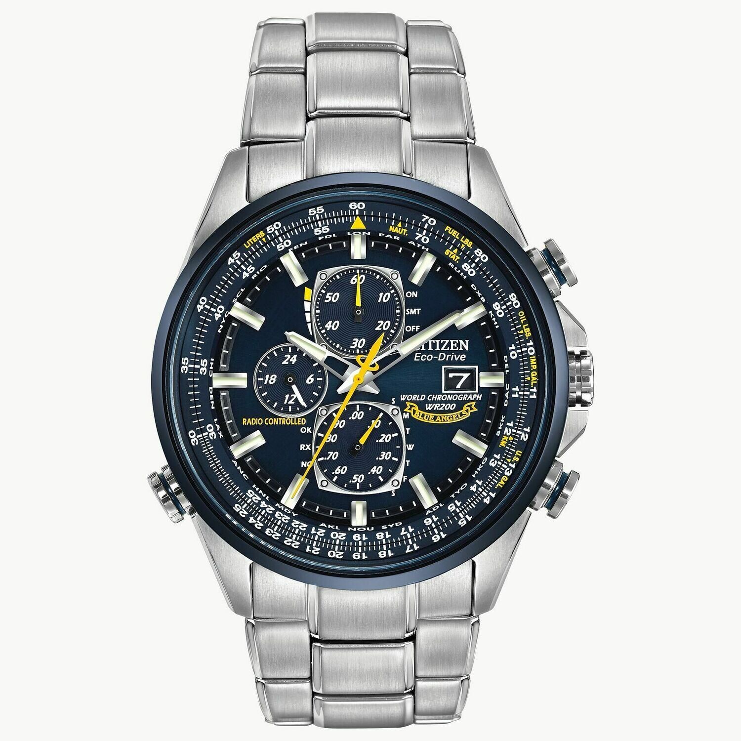 Reloj Aviador hombre Radiocontrol Citizen Promaster Sky Blue Angels AT8020-54L World Chronograph A-T Hora Atómica 43mm dial azul Cristal de zafiro anti-reflejo correa de acero 200m WR