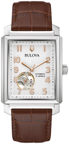 Bulova Sutton 96A268 33x49mm white automatic men's watch leather band 30m water resist