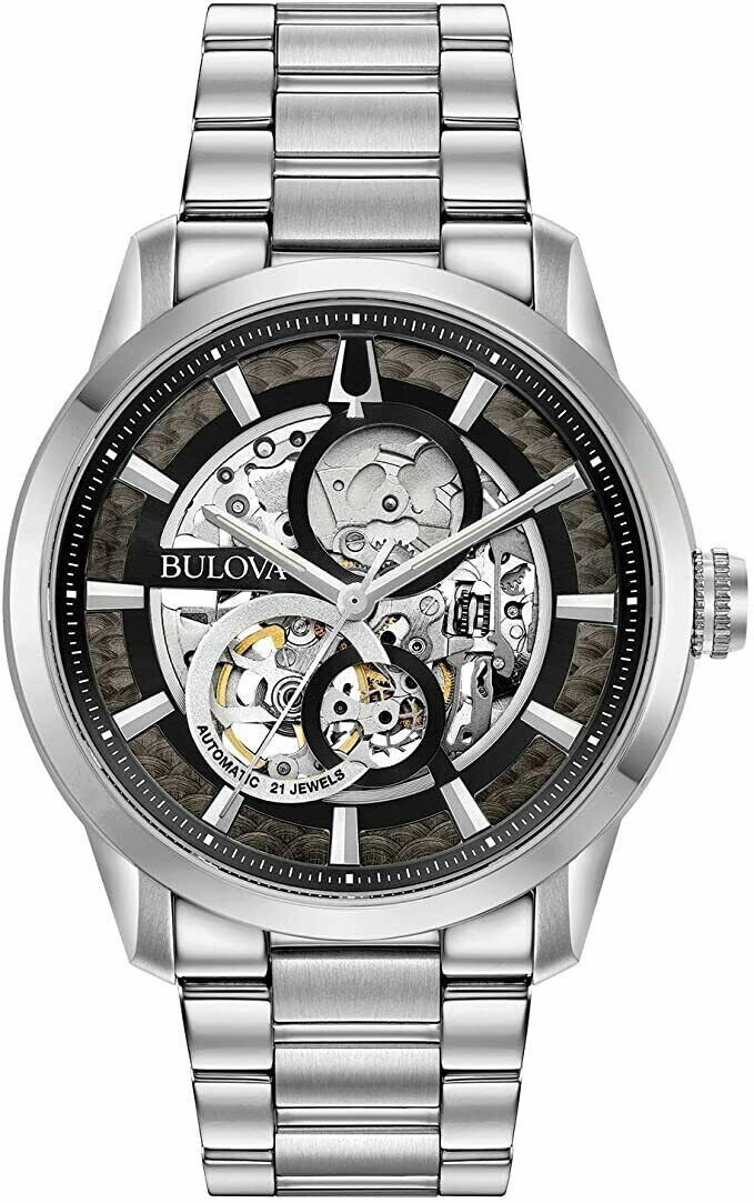 Bulova Sutton Skeleton 96A208 43mm black automatic men's watch stainless steel bracelet 30m water resist