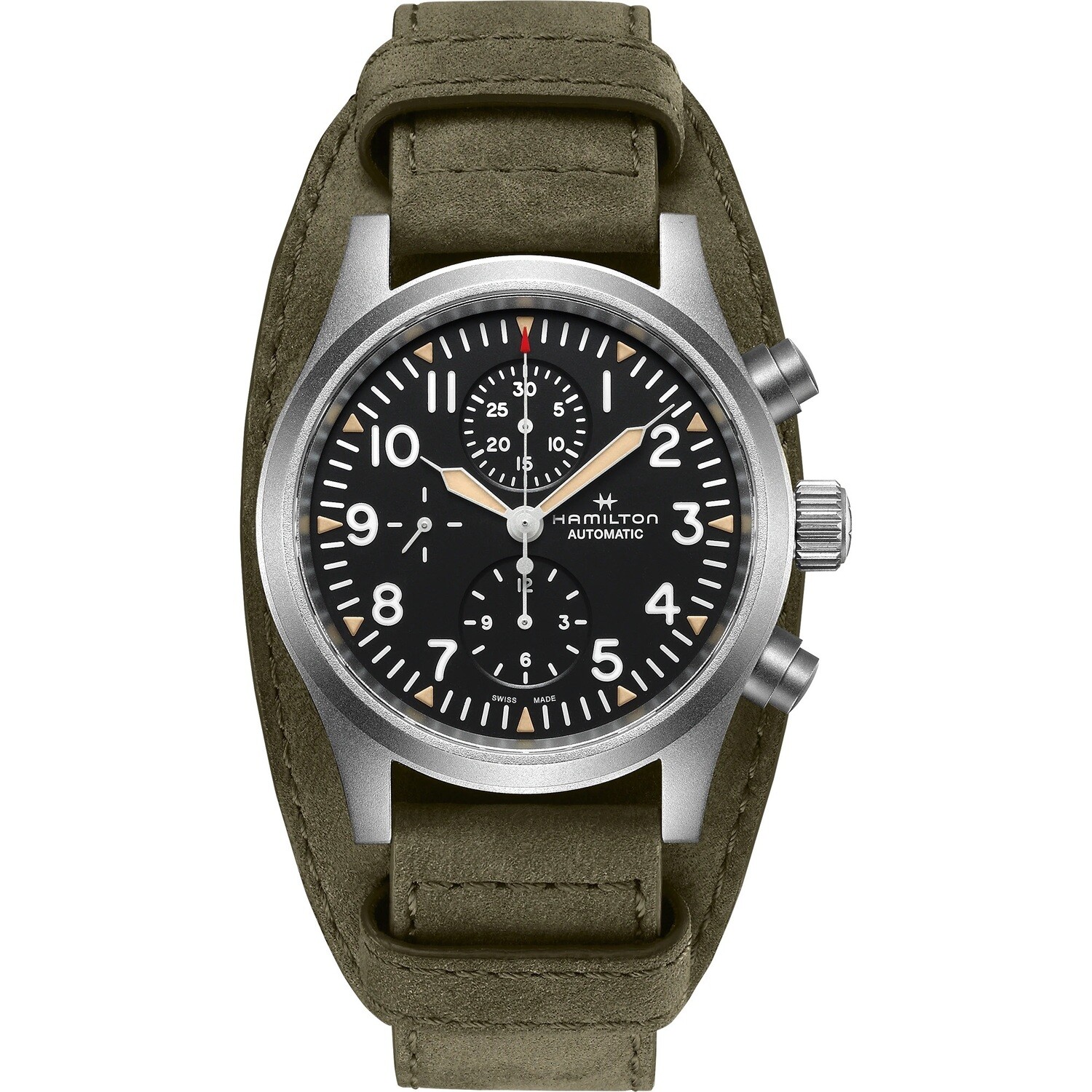 Khaki Field automatic chronograph H71706830 automatic men's watch 44mm 60h Power Reserve leather band Sapphire glass 100m Water resist




Rugged, tough and accurate, the Khaki Field automatic chronograph is the perfect timepiece for confident explor
