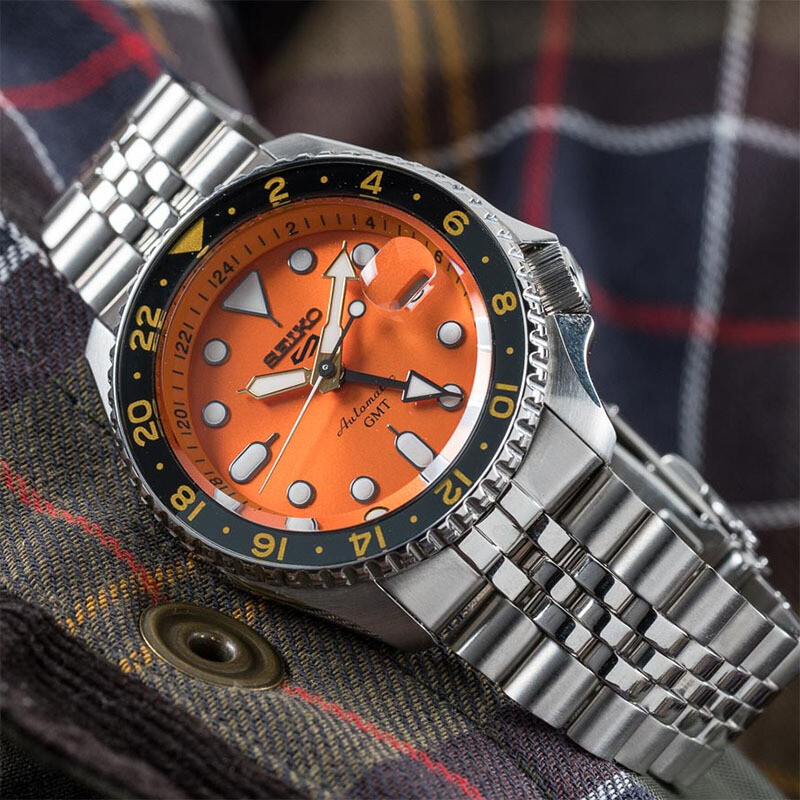 Reloj automático buceo hombre Seiko 5 Sports GMT SSK005K1 dial naranja  42.5mm Hardlex con lupa 200m resistente al agua correa de acero Lumibrite  SKX Style