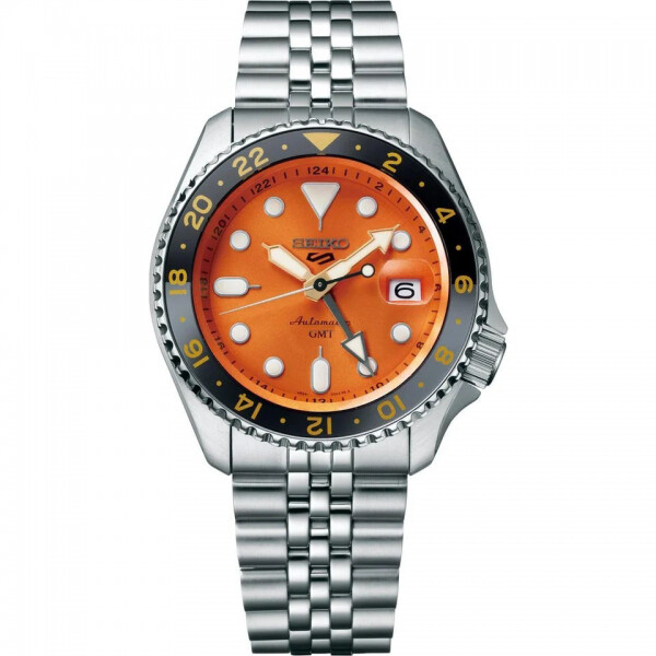 Seiko 5 Sports GMT SSK005K1 MIKAN ORANGE  automatic divers men's watch orange dial 42.5mm Hardlex with magnifying glass 200m water resist Lumibrite stainless steel bracelet