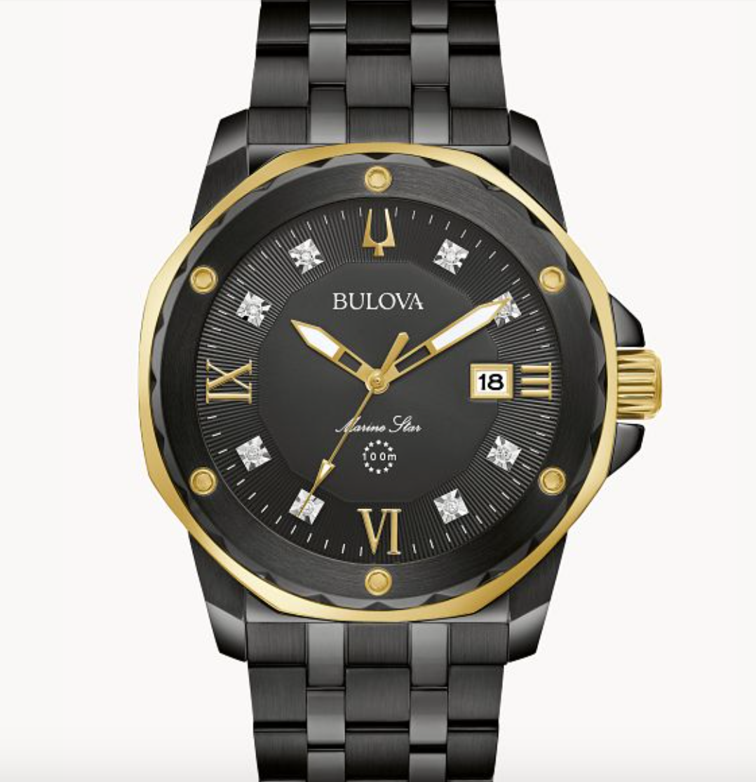 Bulova Marine Star 98D176 45mm Men's Diamond Black ION PVD Stainless Quartz Watch  100m water resist Luminous Hour & Minute Hands