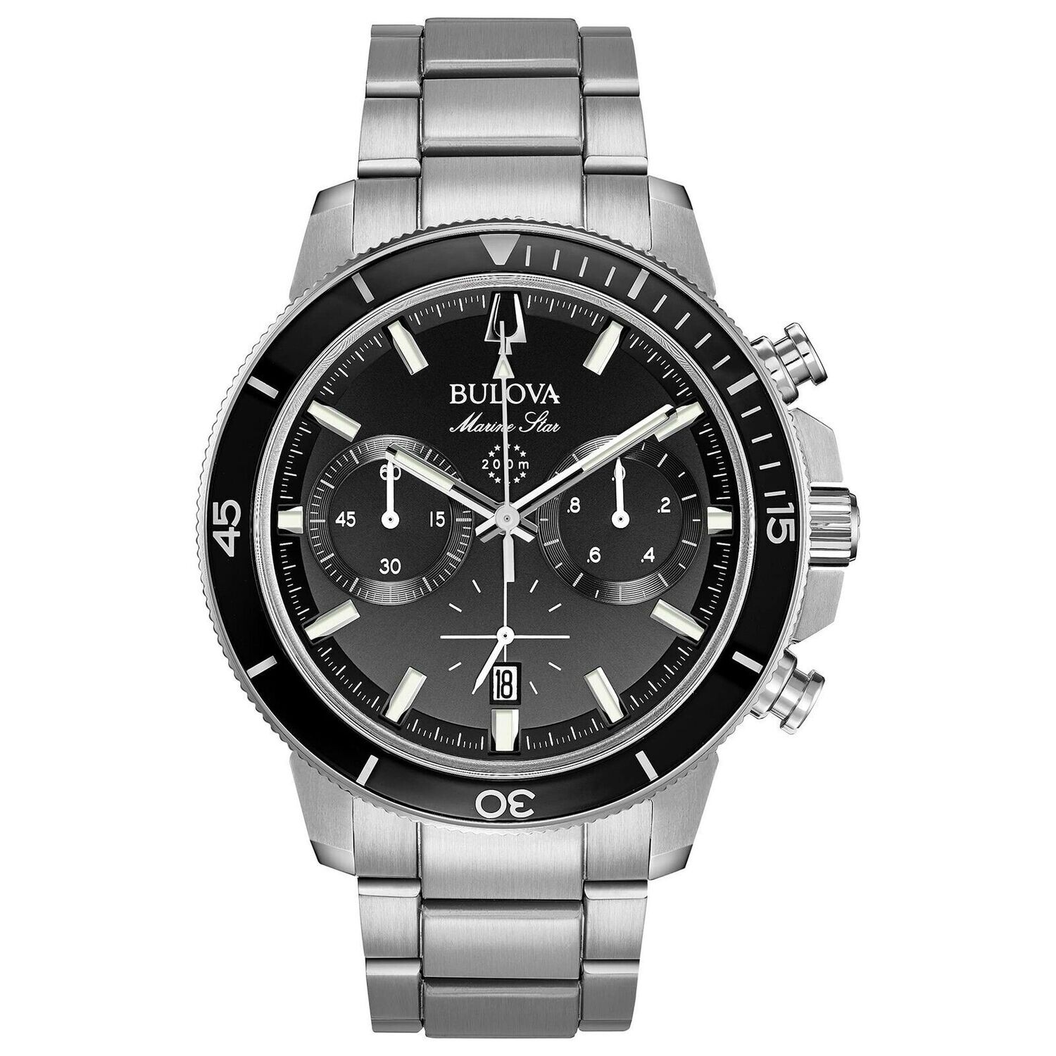 reloj deportivo hombre Bulova Marine Star 96B272 45mm dial negro 200m WR correa de acero Cronógrafo