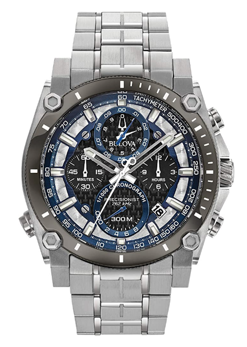 Reloj deportivo hombre Bulova Precisionist 98B316 1/1000s Precisión 46mm dial azul 300m WR correa de acero Cronógrafo ultra-preciso