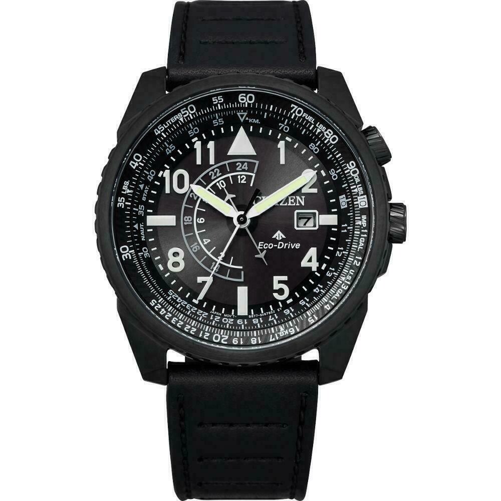 Reloj Aviador hombre Citizen Promaster Nighthawk BJ7135-02E dial negro 42mm 200m WR Hora Dual correa de cuero
