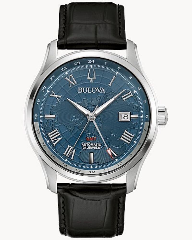reloj automático hombre Bulova Wilton GMT 96B385 43MM dial azul Cristal de zafiro correa de cuero 30m WR