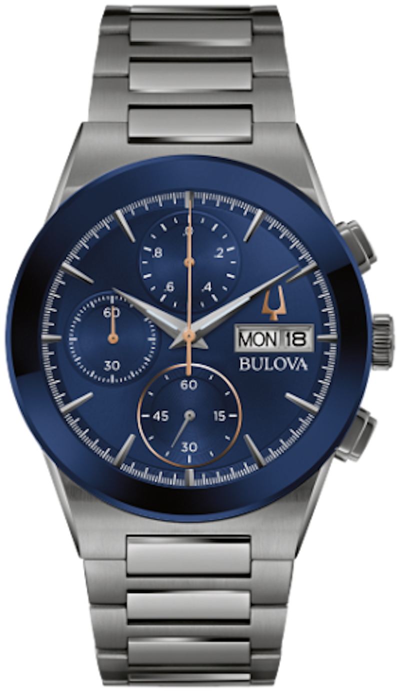 Bulova Millennia 98C143 41mm blue dial Quartz Chronograph stainless steel bracelet 30m WR sport men's watch