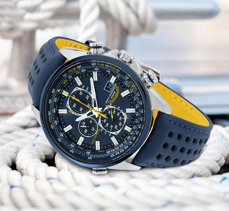 Reloj Aviador hombre Radiocontrol Citizen Promaster Blue Angels AT8020 03L 43mm dial azul Cristal de zafiro anti reflejos 200m WR correa de cuero