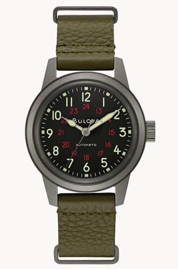 ​Reloj automático hombre Bulova Hack Military 98A255 38mm dial negro correa de tela 30m WR