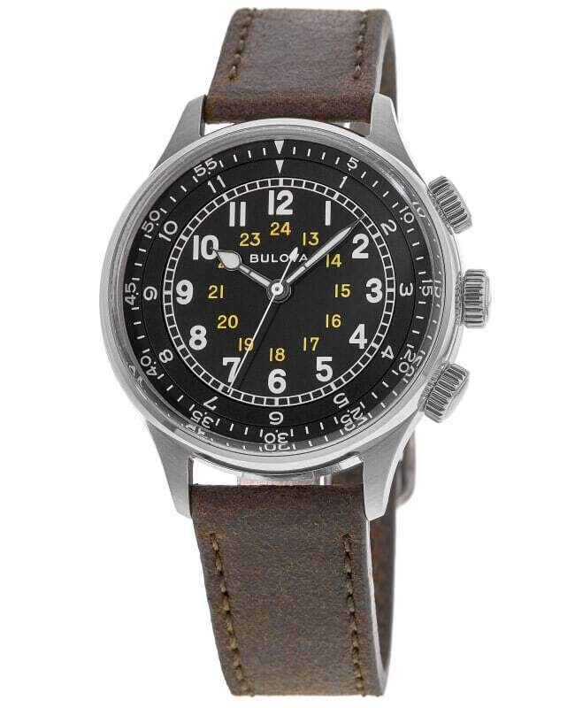 Reloj de Aviador hombre automático Bulova Pilot A-15 96A245 42mm dial negro Cristal de zafiro 30m WR correa de cuero