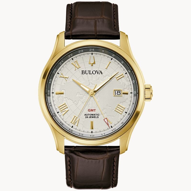 reloj automático hombre Bulova Wilton GMT 97B210 43MM 24 jewels correa de cuero 30m WR