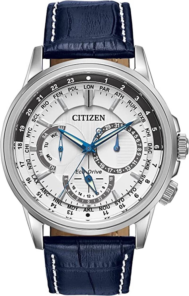 Citizen Calendrier BU2020-02A Eco Drive World Time 44mm White Dial Power Reserve indicator Leather Band 100m WR Men's Watch