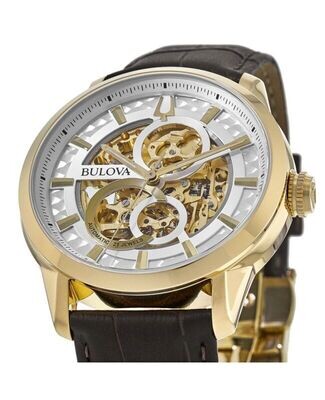 Bulova Sutton Skeleton Classic 97A138 43mm white dial automatic men’s watch gold-tone leather band 30m water resist