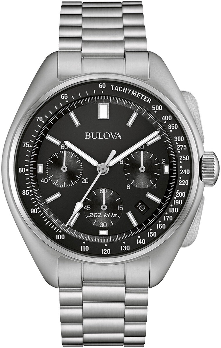 Bulova 96B258 Lunar Pilot Men's Moon Watch Chronograph Special Edition 45mm black dial Sapphire crystal Quartz 50m WR stainless steel bracelet