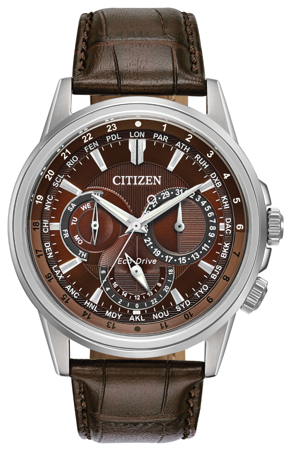 Citizen Ecodrive Calendrier BU2020-29X World Time 44mm brown dial leather band 100m WR sport men's watch (solar or light powered)