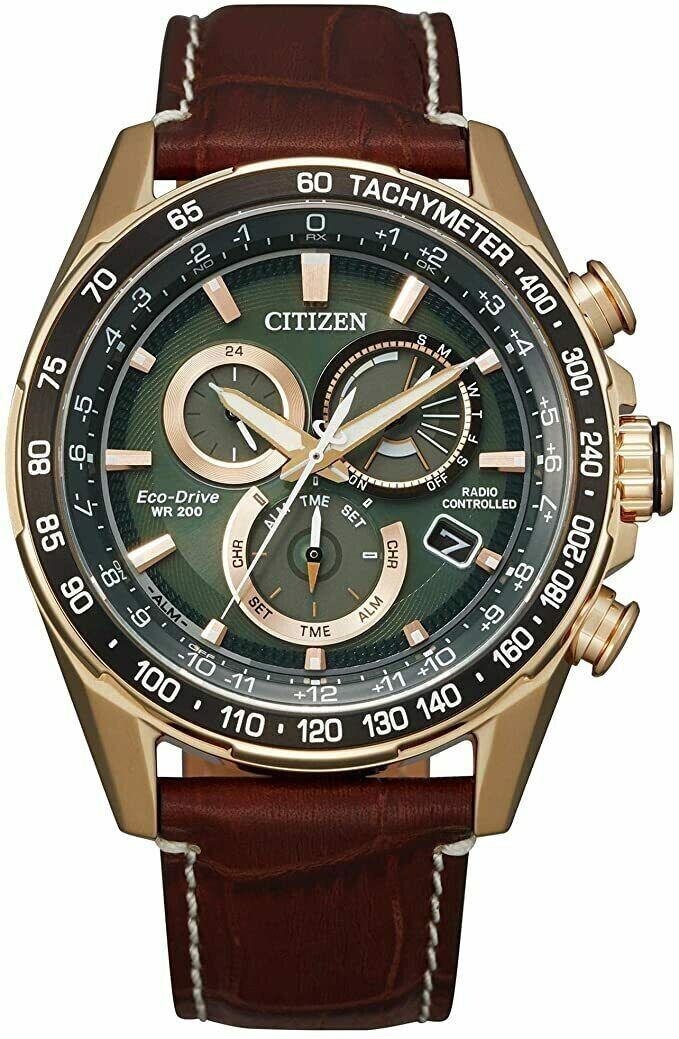 Citizen PCAT Eco-Drive CB5919-00X Perpetual Calendar Atomic Timekeeping A-T Green dial 43mm rose gold case Sapphire glass World Time leather band 200m water resist