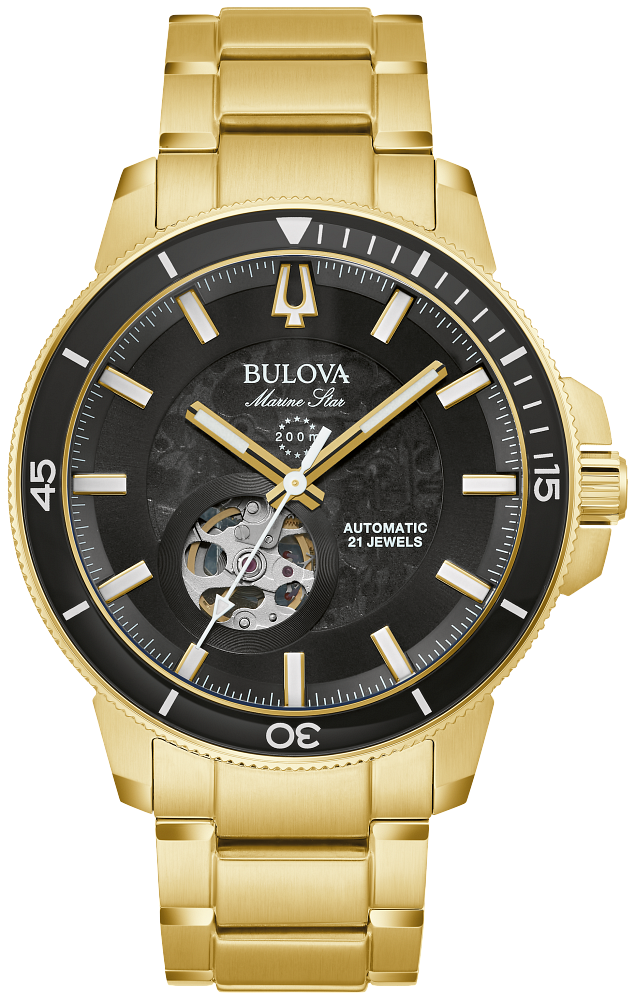 Bulova Marine Star 97A174 45mm 200m WR automatic men's watch golden PVD stainless steel bracelet