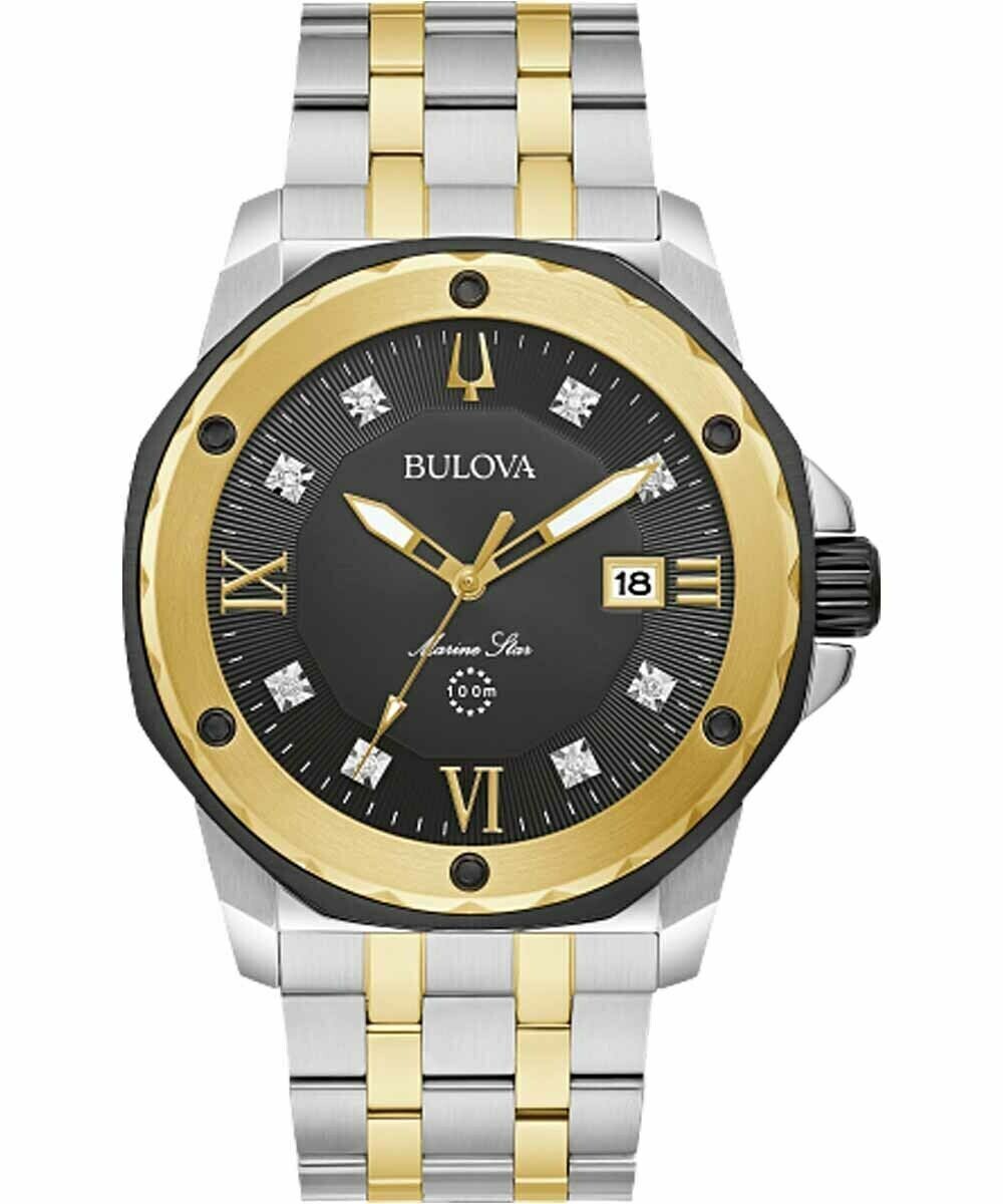 Bulova Marine Star 98D175 44mm black dial quartz sport men's watch 100m water resist two-tone stainless steel bracelet