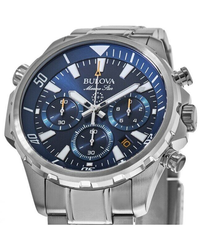 Bulova Marine Star 96B256 43mm Chronograph blue dial 100m Water resist stainless steel bracelet sport men's watch