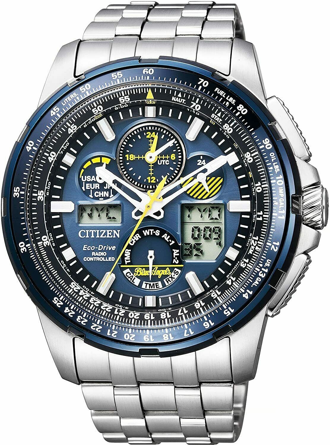 Citizen Promaster Sky Blue Angels JY8058-50L 47mm Radio-Control 200m WR Aviator men's watch Anti-magnetic resistance World Time stainless steel bracelet