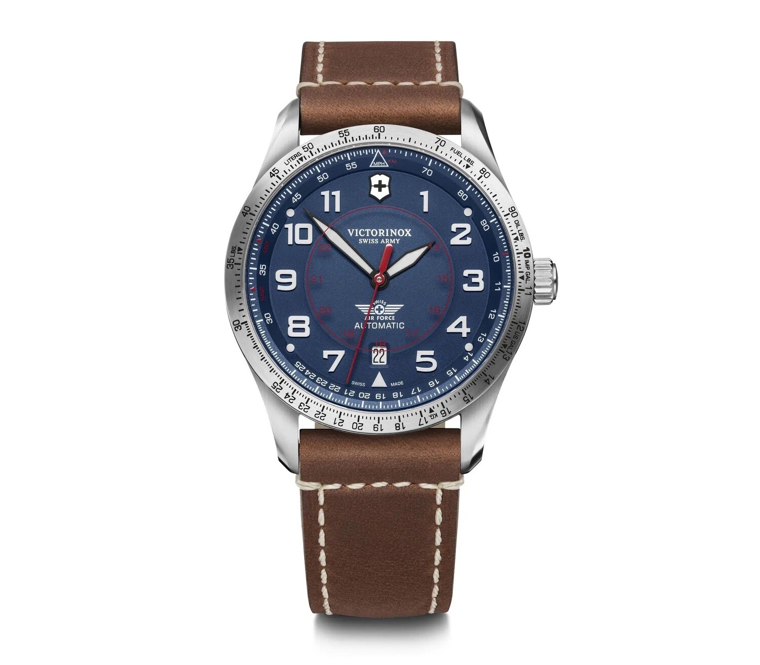 Victorinox Swiss Army 241887 Aviator automatic men's watch 42mm blue dial Sapphire crystal anti-reflective 100m WR leather band