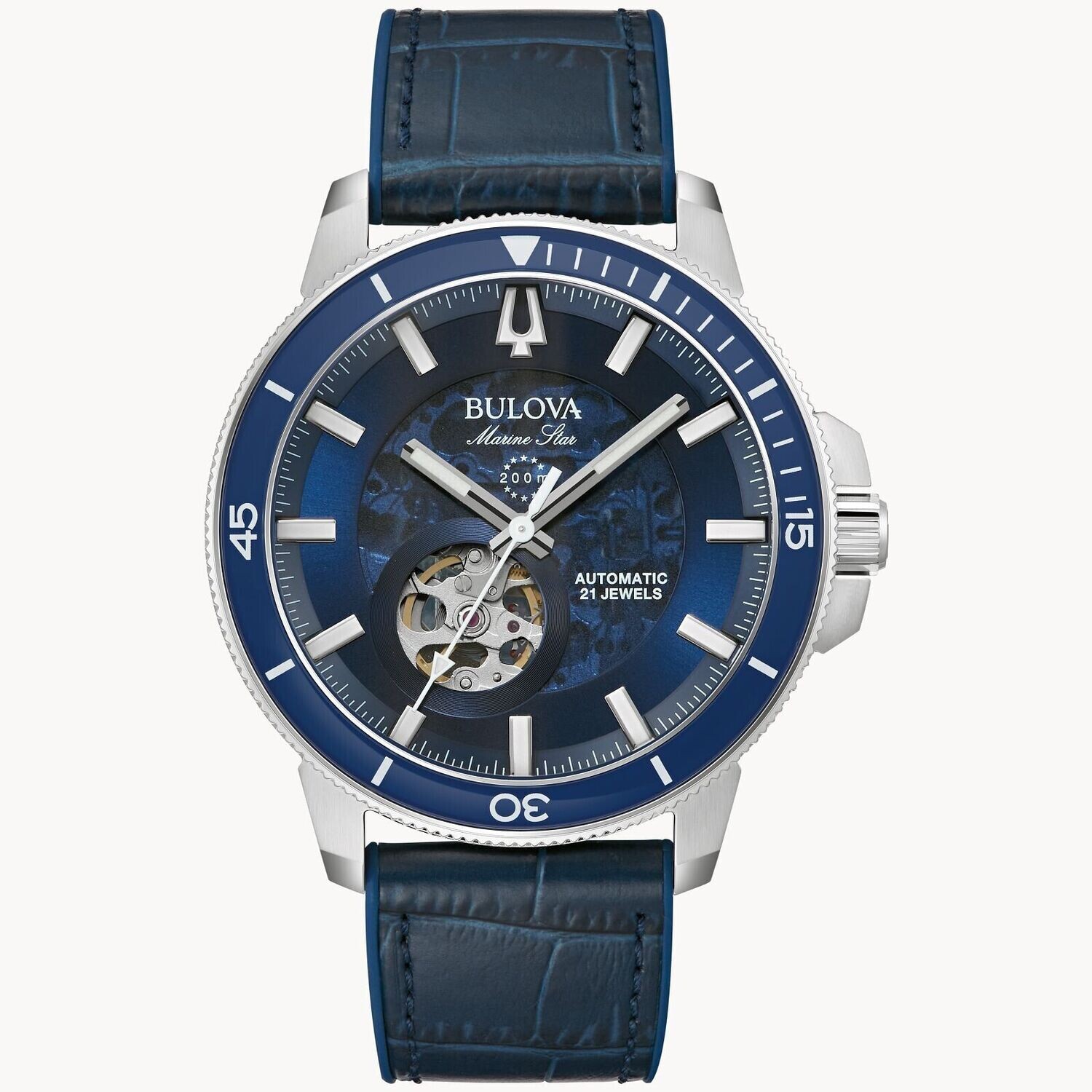 Bulova MARINE STAR 96A291 45mm Automatic Bold At Heart Skeleton 200m WR alligator leather band automatic men's watch