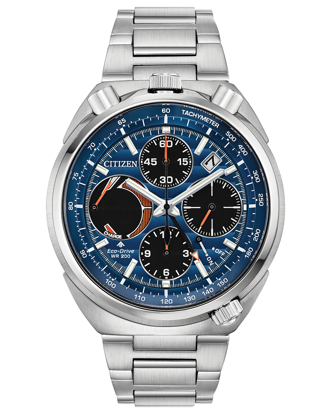 Citizen AV0070-57L Promaster Eco-Drive Tsuno Chronograph Racer 45mm blue dial Anti-reflective sapphire crystal Alarm Tachymeter 200m WR stainless steel strap Men's sports watch