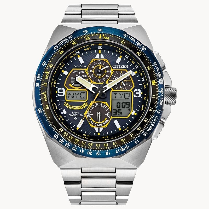 Citizen Eco-Drive ProMaster Skyhawk Blue Angels JY8128-56L 46mmAviator men's watch Radio-Control Atomic Timekeeping Sapphire crystal 200m WR Tachymeter World Time 2 alarms stainless steel bracelet