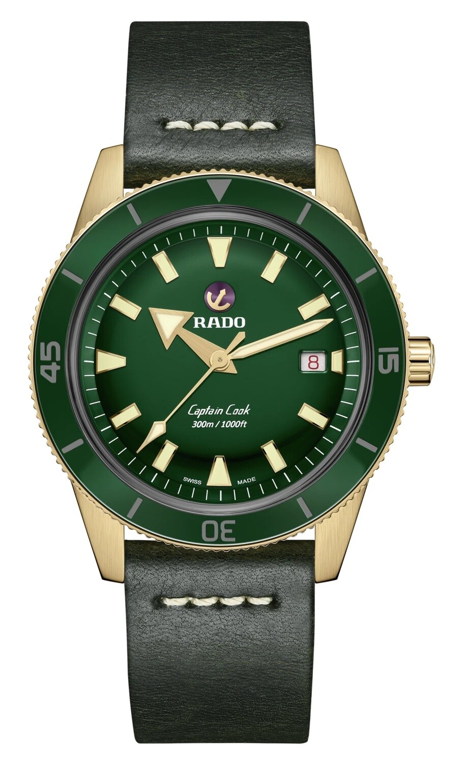 RADO Captain Cook Automatic men’s 300M Bronze Green Dial 42mm Leather Band Men's Watch R32504315 leather band