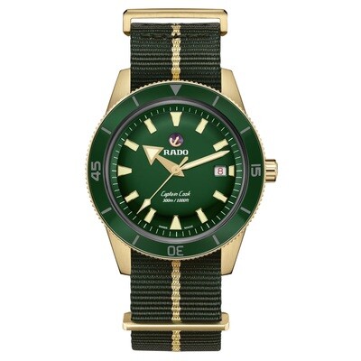 Rado Captain Cook R32504317 Automatic 300M 42mm  Sapphire crystal anti-reflective Bronze Green Dial NATO Band automatic Men's Watch 80h Power Reserve SWISS MADE