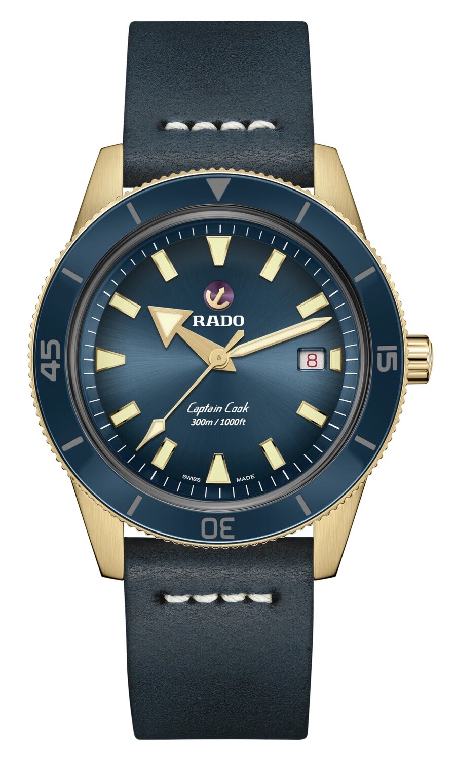 ​Rado Captain Cook R32504205 Automatic 300m Bronze Blue Dial 42mm Sapphire glass anti-reflective Leather Band Men's Watch R32504205 automatic men's watch 300m Water resist Power Reserve 80 hours