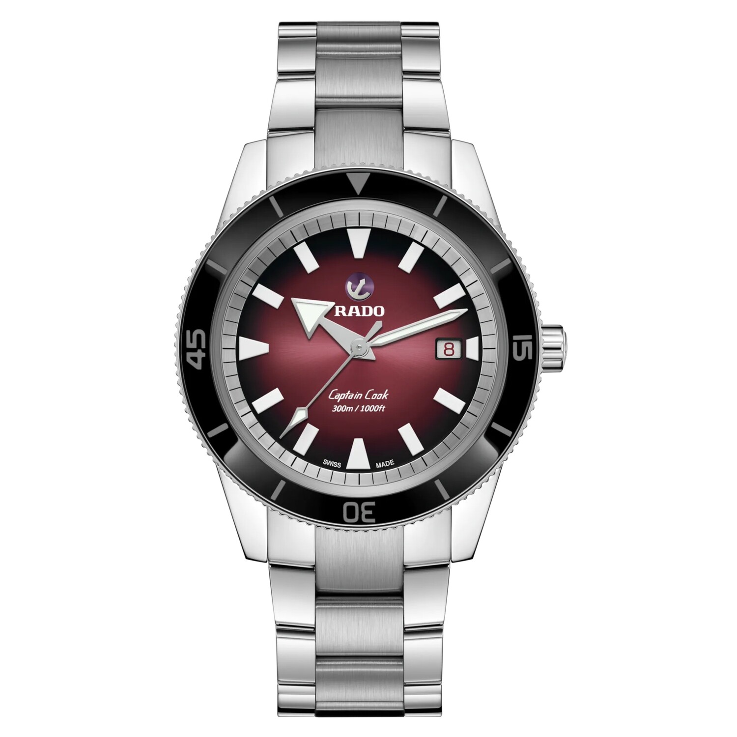 ​​RADO Captain Cook R32105353 Automatic 300M 42mm Sapphire crystal anti-reflective Stainless Steel Red Dial automatic Men's Watch 80h Power Reserve SWISS MADE