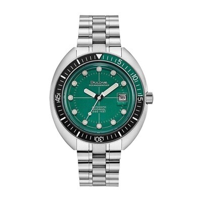 Bulova Devil Diver Oceanographer 96B322 44mm green dial automatic divers men's watch 200m WR Sapphire crystal stainless steel bracelet